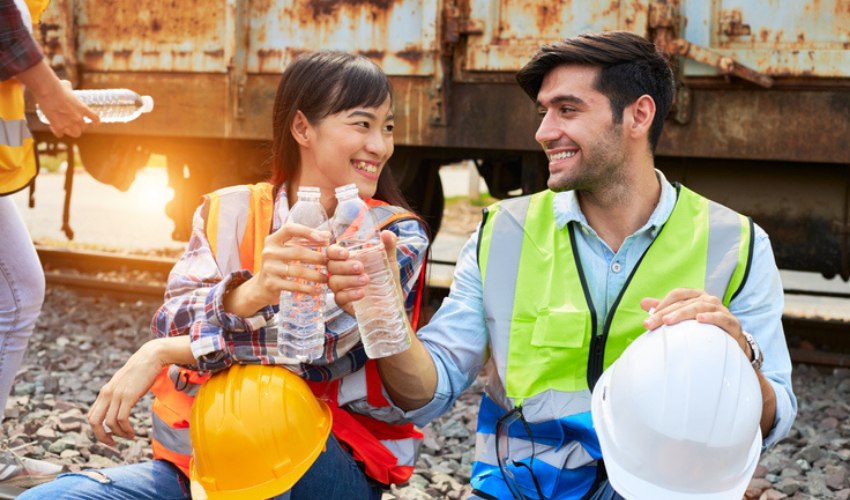 Workers enjoying some water - heat safety on construction site